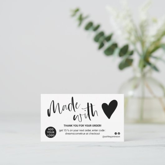 Zwart-wit bedankt dat je met liefde hebt gemaakt visitekaartje (Staand voorkant)