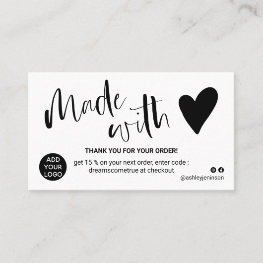 Zwart-wit bedankt dat je met liefde hebt gemaakt visitekaartje (Voorkant)
