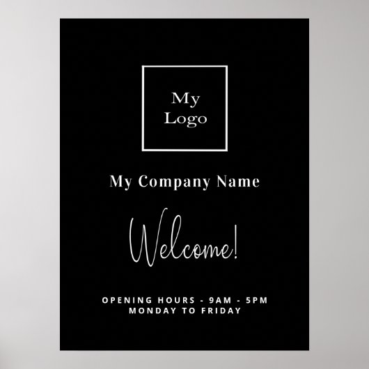 Zwart wit bedrijfslogo naam openingsuren poster (Voorkant)
