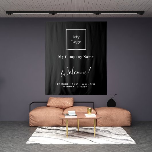 Zwart wit bedrijfslogo naam openingsuren wandkleed