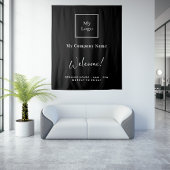 Zwart wit bedrijfslogo naam openingsuren wandkleed