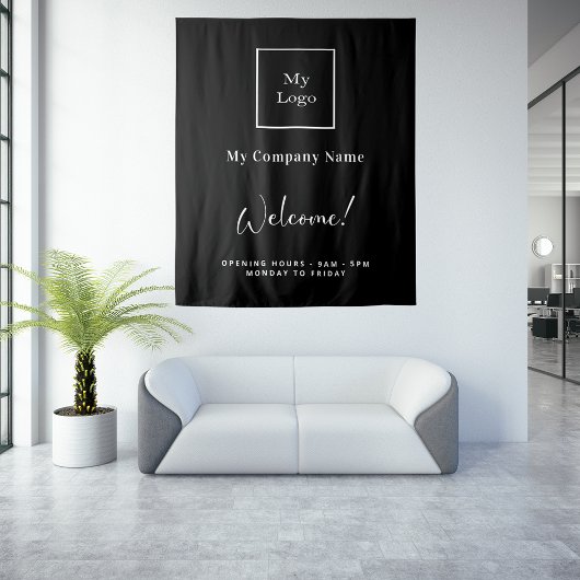 Zwart wit bedrijfslogo naam openingsuren wandkleed