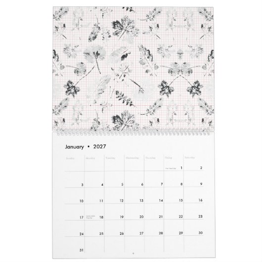 Zwart-wit behang met een prachtig blad de kalender (Jan 2027)