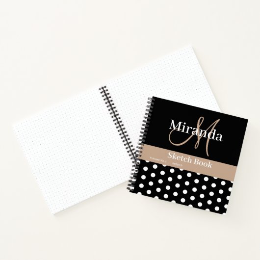 Zwart Wit Beige Monogram Polka Dots Schets Notitieboek (Binnen)