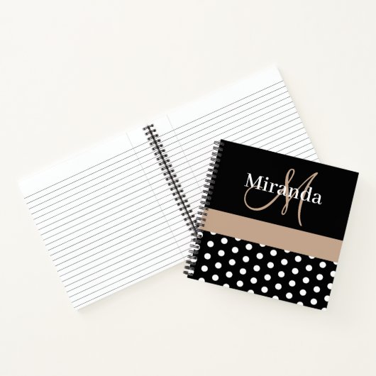 Zwart Wit Beige Monogram Script Polka Dots Notitieboek (Binnen)