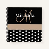 Zwart Wit Beige Monogram Script Polka Dots Notitieboek (Voorkant)