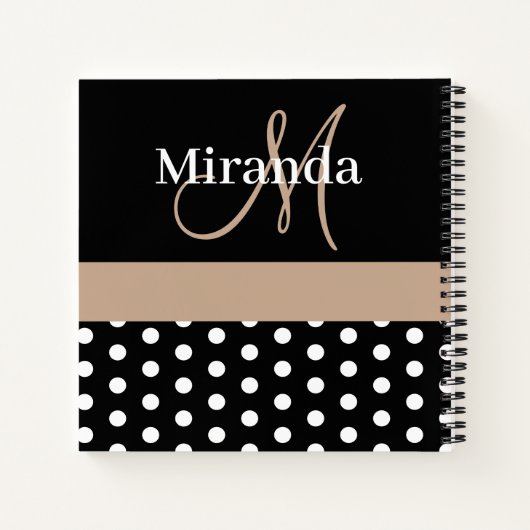 Zwart Wit Beige Monogram Script Polka Dots Notitieboek (Achterkant)