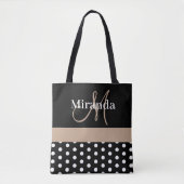 Zwart Wit Beige Monogram Script Polka Dots Tote Bag (Voorkant)