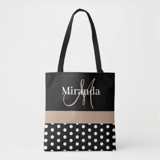 Zwart Wit Beige Monogram Script Polka Dots Tote Bag (Voorkant)
