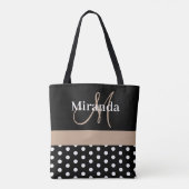 Zwart Wit Beige Monogram Script Polka Dots Tote Bag (Achterkant)