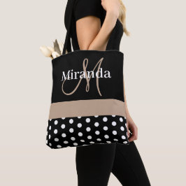 Zwart Wit Beige Monogram Script Polka Dots Tote Bag