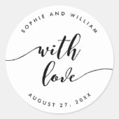 Zwart-wit, beleef script met liefdesbruiloft ronde sticker (Voorkant)