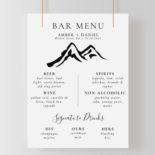 Zwart Wit Berg Kalligrafie Bruiloft Bar Menu Poster