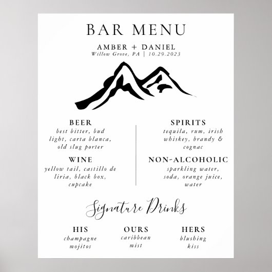 Zwart Wit Berg Kalligrafie Bruiloft Bar Menu Poster (Voorkant)