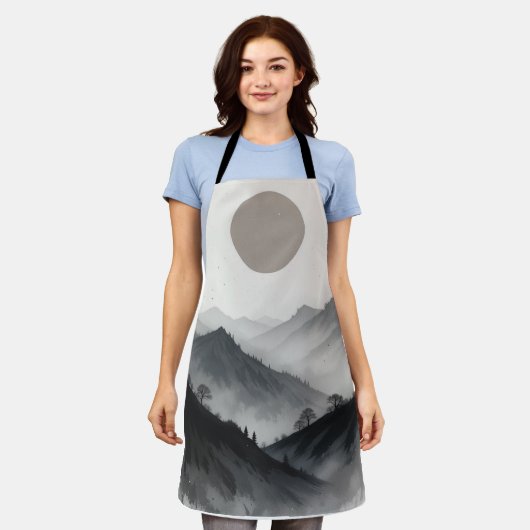 Zwart-wit berglandschap schort (Gedragen)