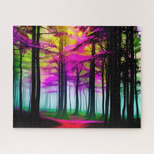 Zwart-wit betoverde mistig bos en groen legpuzzel (Horizontaal)