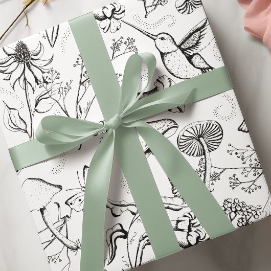 Zwart & Wit Betoverde Tuin Hummingbird Bloemen Cadeaupapier