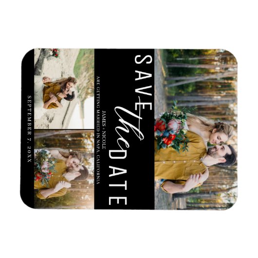 Zwart & Wit Bewaar de datum Bruiloft 3 Foto's Magneet (Horizontaal)