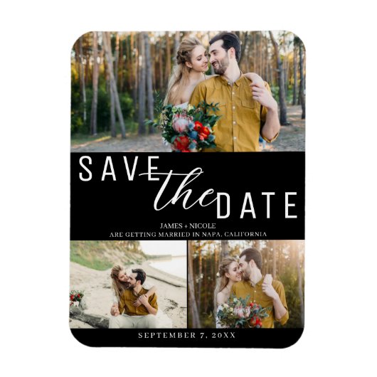 Zwart & Wit Bewaar de datum Bruiloft 3 Foto's Magneet (Verticaal)