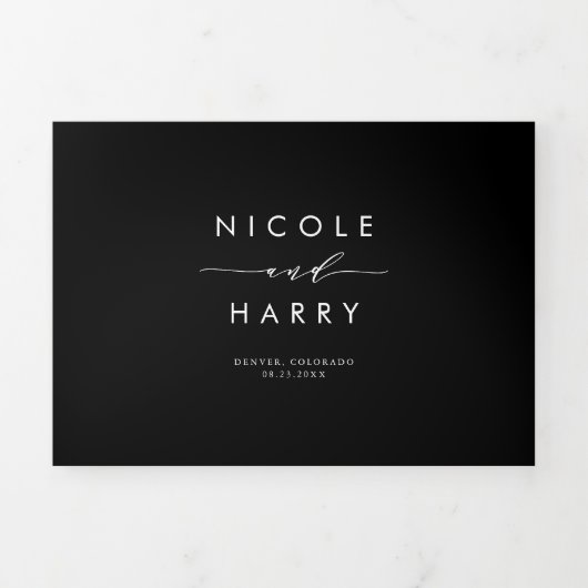Zwart-wit bij laatste minimalistische scriptbruilo drieluik uitnodiging (Cover)