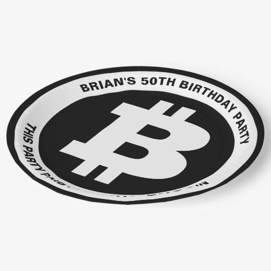 Zwart-wit Bitcoin-symbool Aangepast bericht Papieren Bordje (Gekanteld)