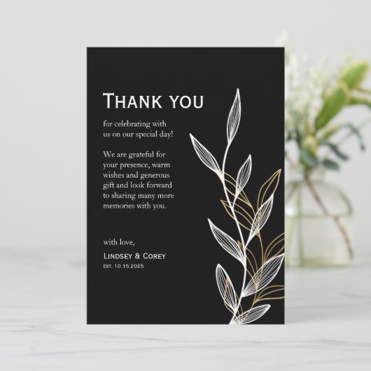 Zwart-wit blad bedankkaart voor bruiloft (Staand voorkant)