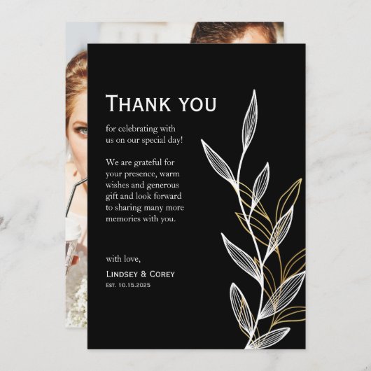 Zwart-wit blad bedankkaart voor bruiloft (Voorkant / Achterkant)