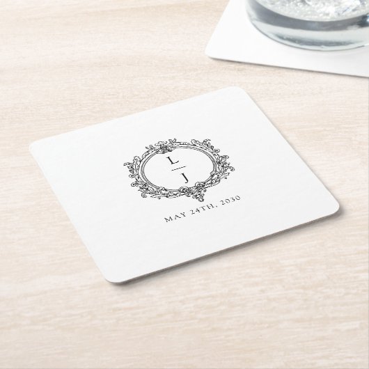 zwart-wit blad crest bruiloft kartonnen onderzetters (Schuin)