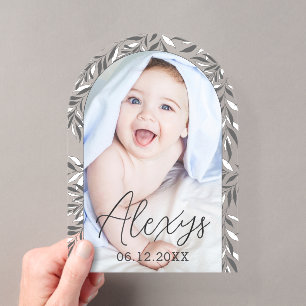 Zwart-wit blad foto geboorteaankondiging acryl uitnodigingen