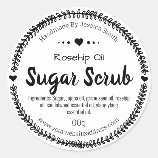 Zwart-wit blad handgemaakte suiker scrub labels (Voorkant)