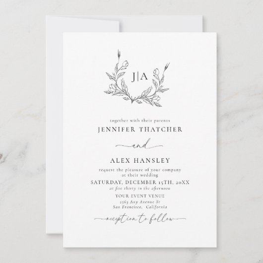 zwart wit blad | Monogram Fotobruiloft Kaart (Voorkant)