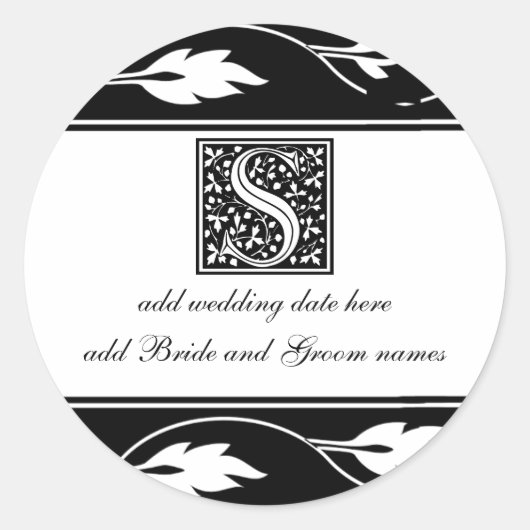 Zwart-wit blad monogram S Ronde Sticker (Voorkant)