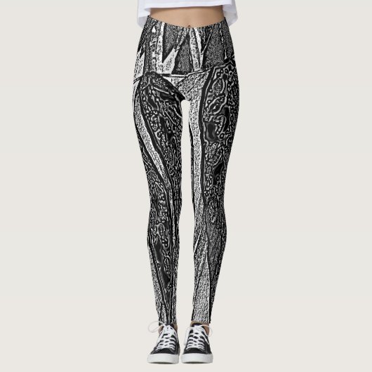 Zwart-wit blad vormt hedendaags ontwerp leggings (Voorkant)