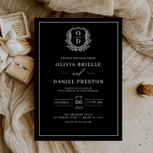 Zwart Wit Bladderige Crest Monogram Elegante Huwel