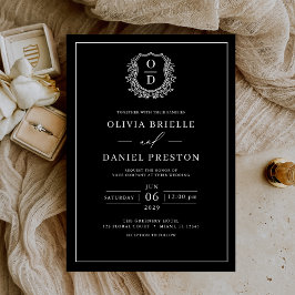 Zwart Wit Bladderige Crest Monogram Elegante Huwel Kaart