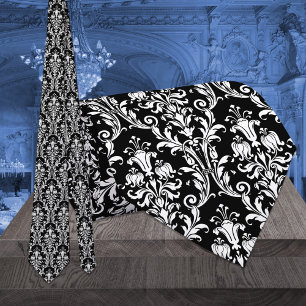 Zwart-wit bladerblad van de Floral Damask Wedding Stropdas