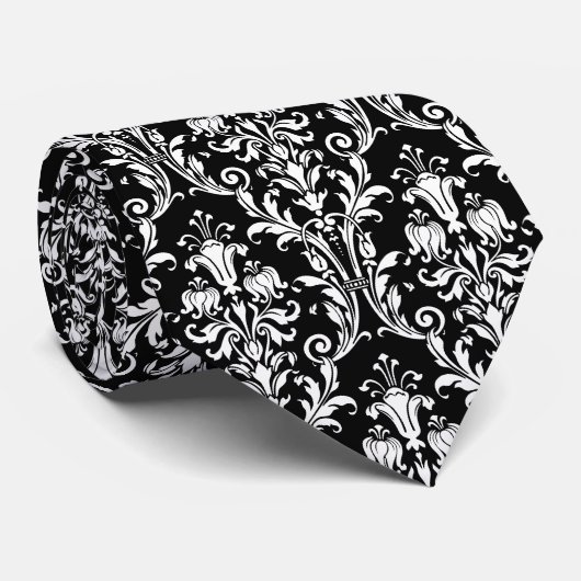 Zwart-wit bladerblad van de Floral Damask Wedding Stropdas (Opgerold)