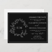 Zwart-wit bladerbloemmonogram Datum wijzigen Uitnodiging Briefkaart (Voorkant / Achterkant)