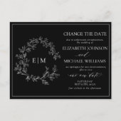 Zwart-wit bladerbloemmonogram Datum wijzigen Uitnodiging Briefkaart (Voorkant)