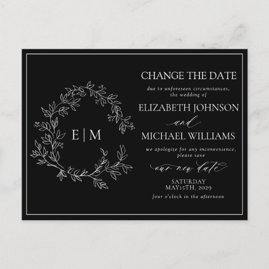 Zwart-wit bladerbloemmonogram Datum wijzigen Uitnodiging Briefkaart (Voorkant)