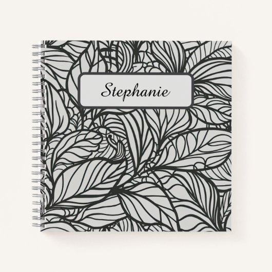 Zwart-wit bladeren patroon gepersonaliseerd notitieboek (Voorkant)