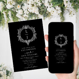 zwart-wit bladermotief trouwkaart met familiewapen save the date