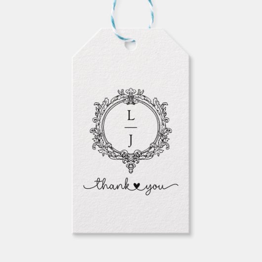 zwart-wit bladermotief trouwkaart met wapen cadeaulabel (Voorkant)