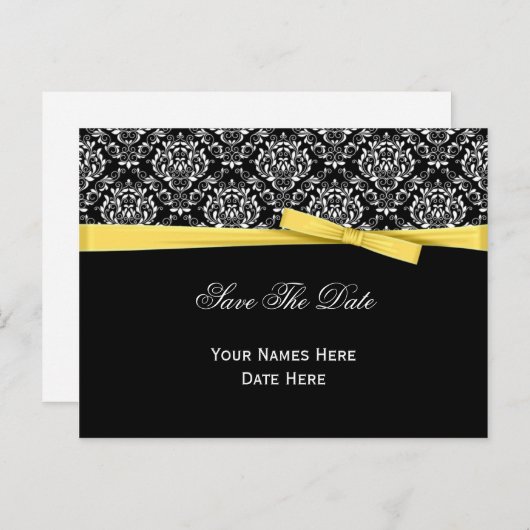 Zwart wit bladerwit gele lintlint sparen de datum aankondigingskaart (Voorkant / Achterkant)
