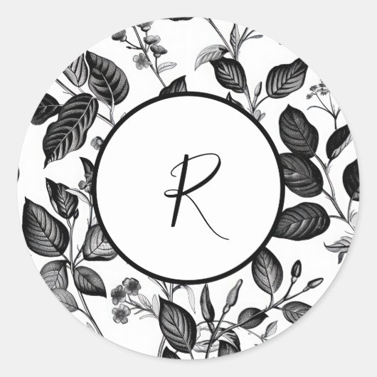 Zwart-wit bladontwerp ronde sticker (Voorkant)