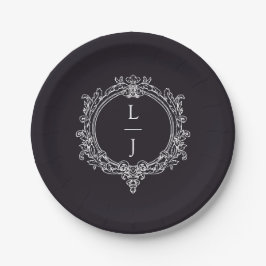 zwart-wit bladpatroon Crest bruiloft Papieren Bordje