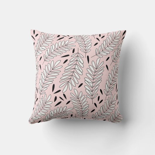 Zwart-wit bladpatroon met roze achtergrond kussen (Achterkant)