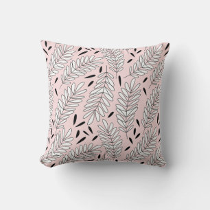 Zwart-wit bladpatroon met roze achtergrond kussen