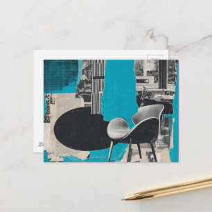 Zwart Wit Blau Piano en Stoel collage Ansichtkaart Briefkaart