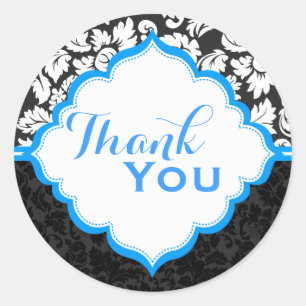 Zwart Wit & Blauw Bloemen Damasks 2 Ronde Sticker